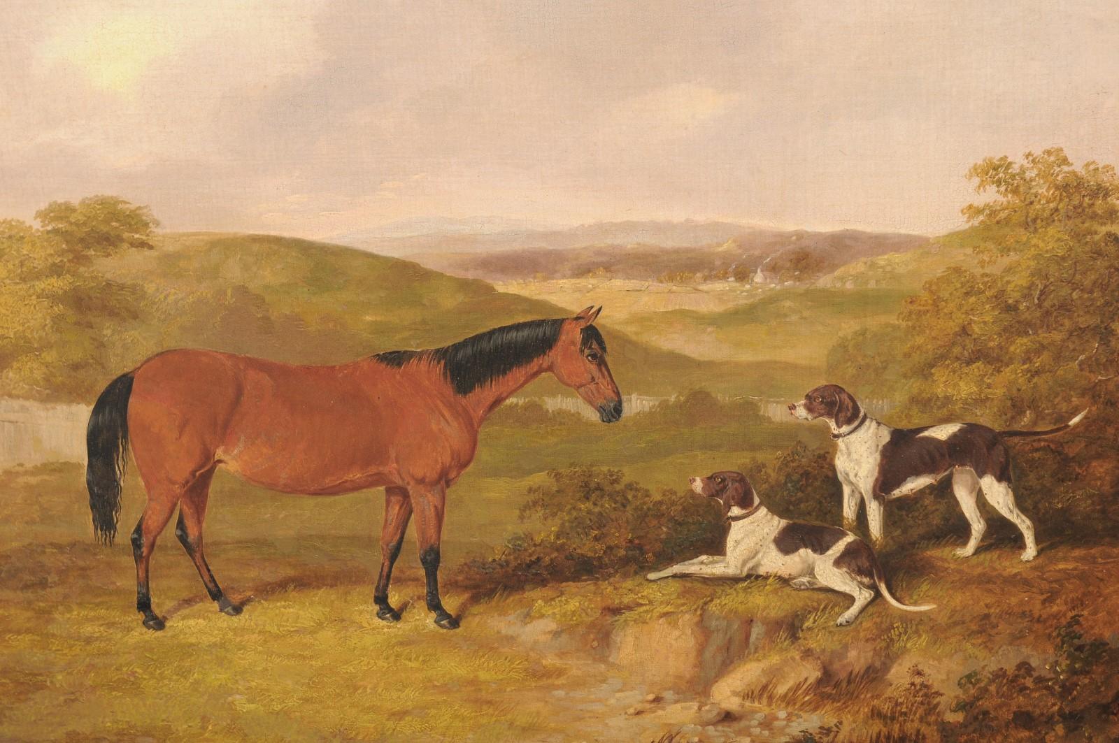 19th Century English Thomas Bretland 1850s Framed Oil Painting Depicting a Horse with Dogs
