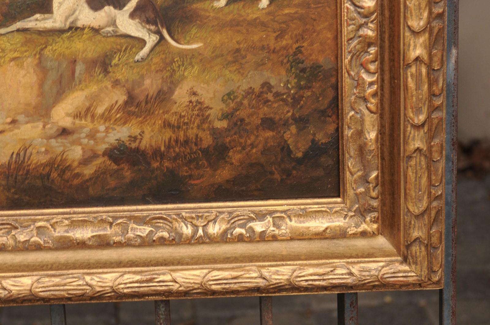 English Thomas Bretland 1850s Framed Oil Painting Depicting a Horse with Dogs 2