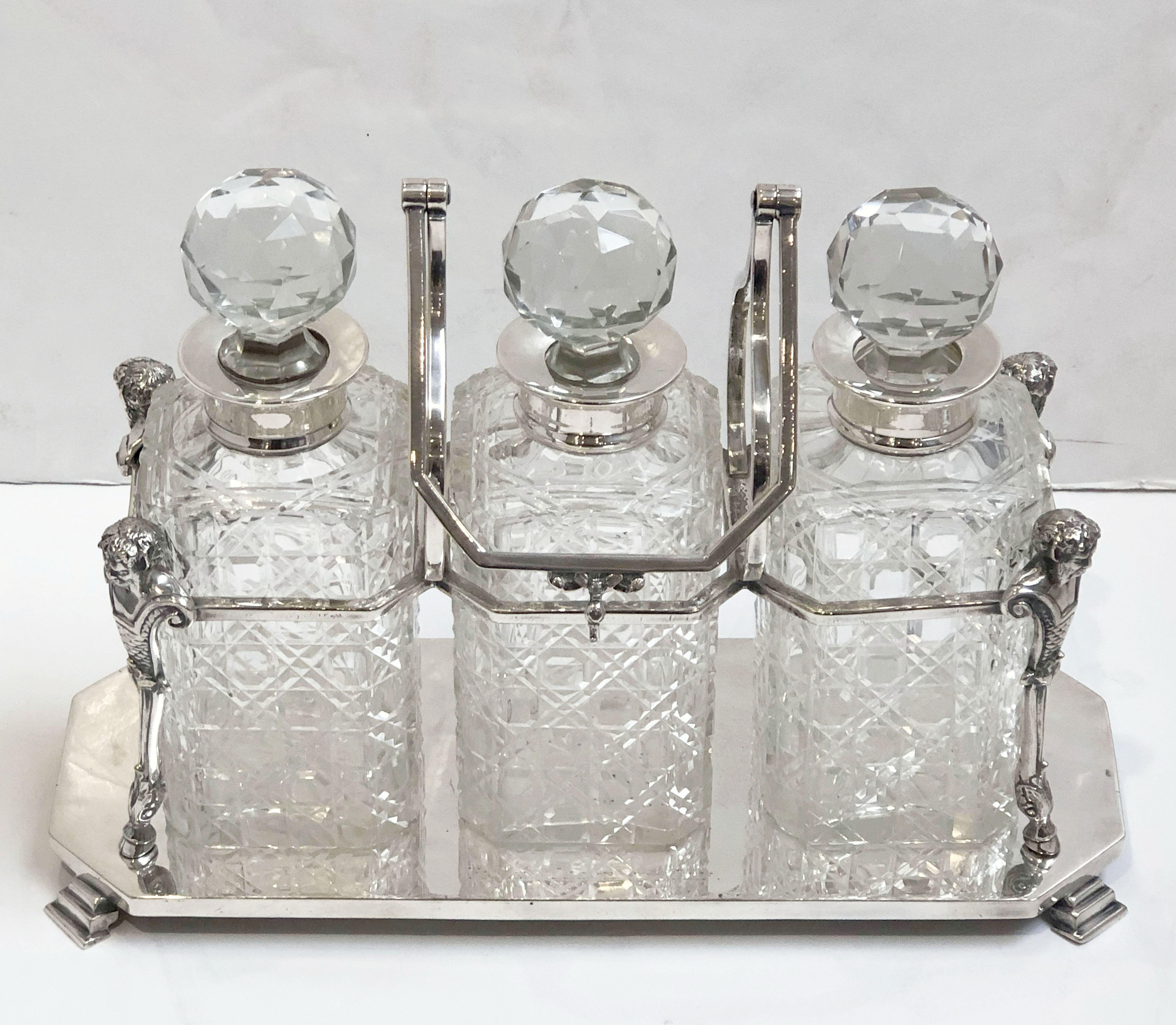 19th Century English Three-Bottle Decanter or Tantalus Drinks Set