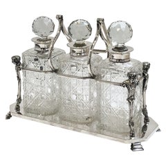 Antique English Three-Bottle Decanter or Tantalus Drinks Set