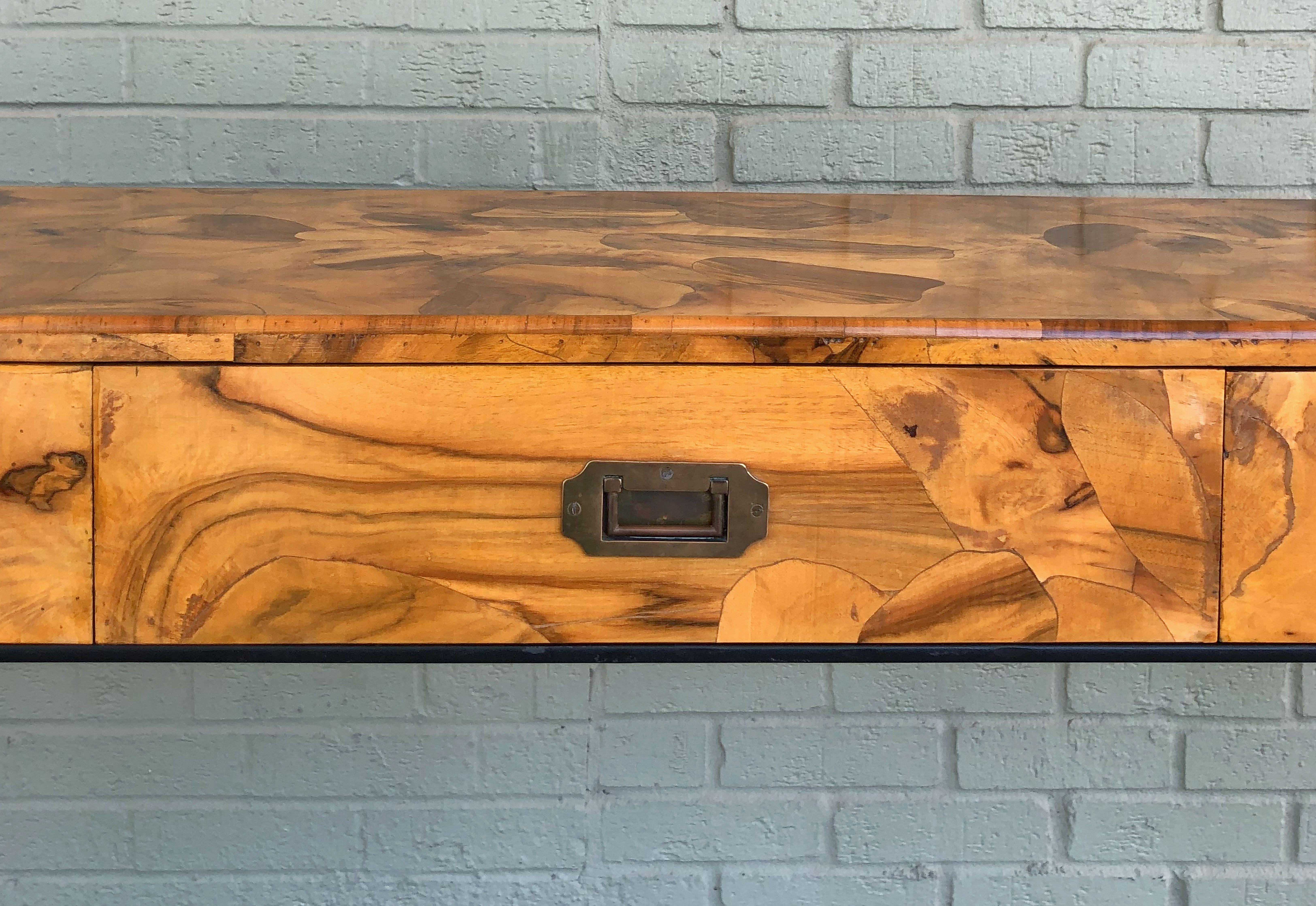 English Three-Drawer Console Table of Olive Wood on Metal Legs 5