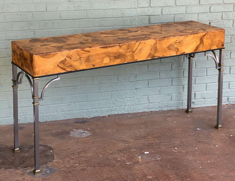 English ThreeDrawer Console Table of Olive Wood on Metal Legs For Sale