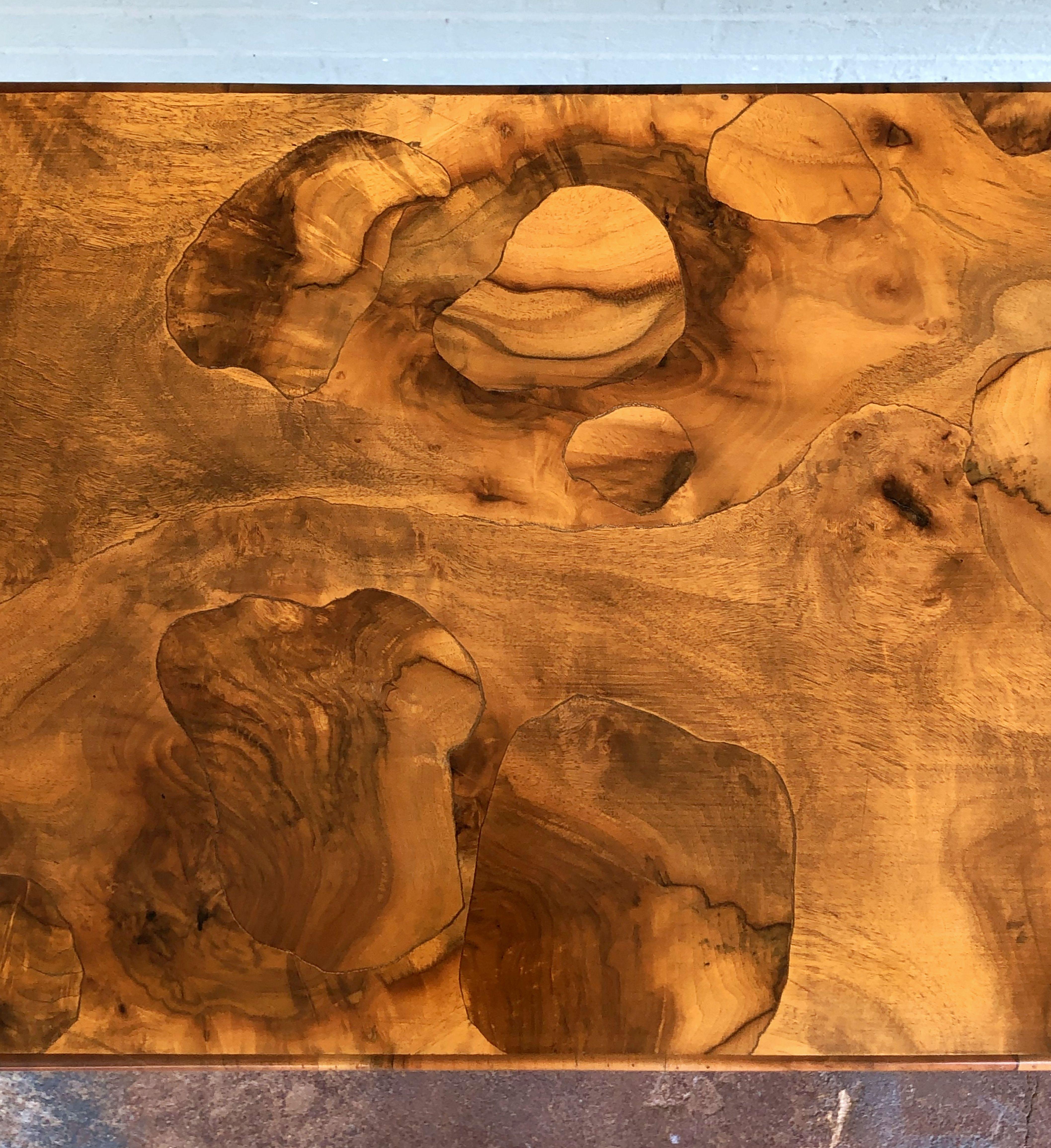 English Three-Drawer Console Table of Olive Wood on Metal Legs 13