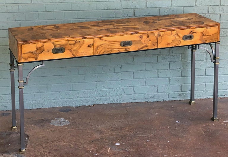 English Three Drawer Console Table Of Olive Wood On Metal Legs For