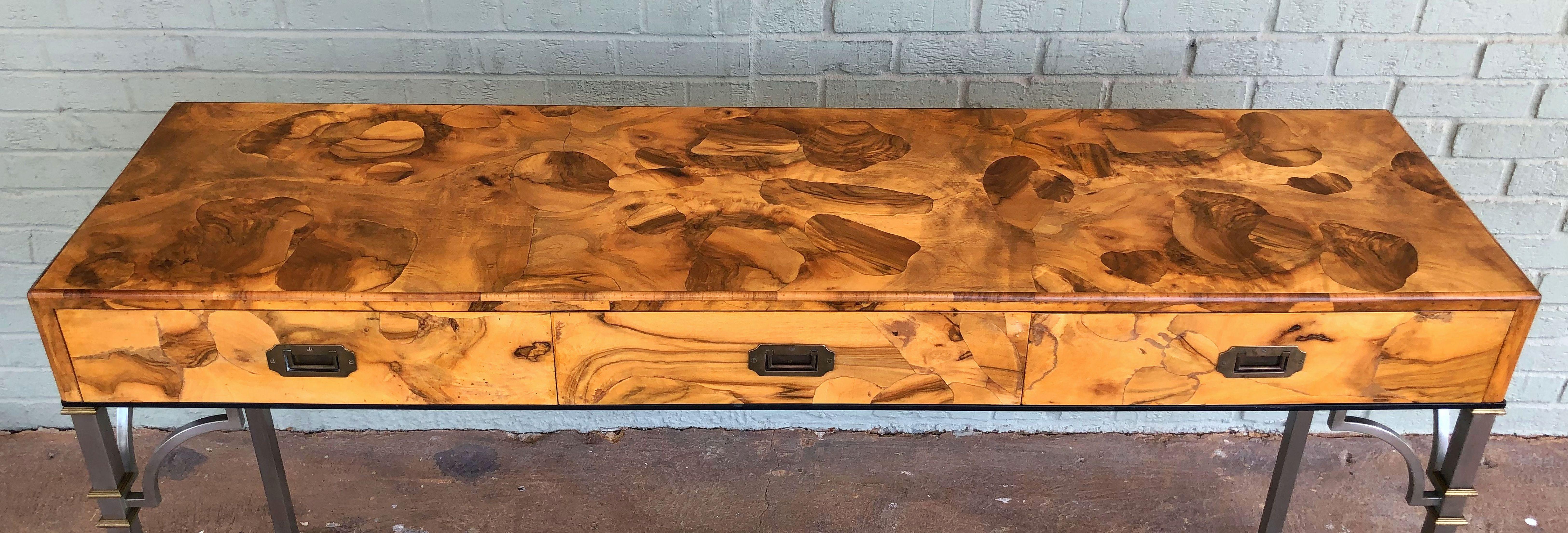English Three-Drawer Console Table of Olive Wood on Metal Legs In Good Condition In Austin, TX