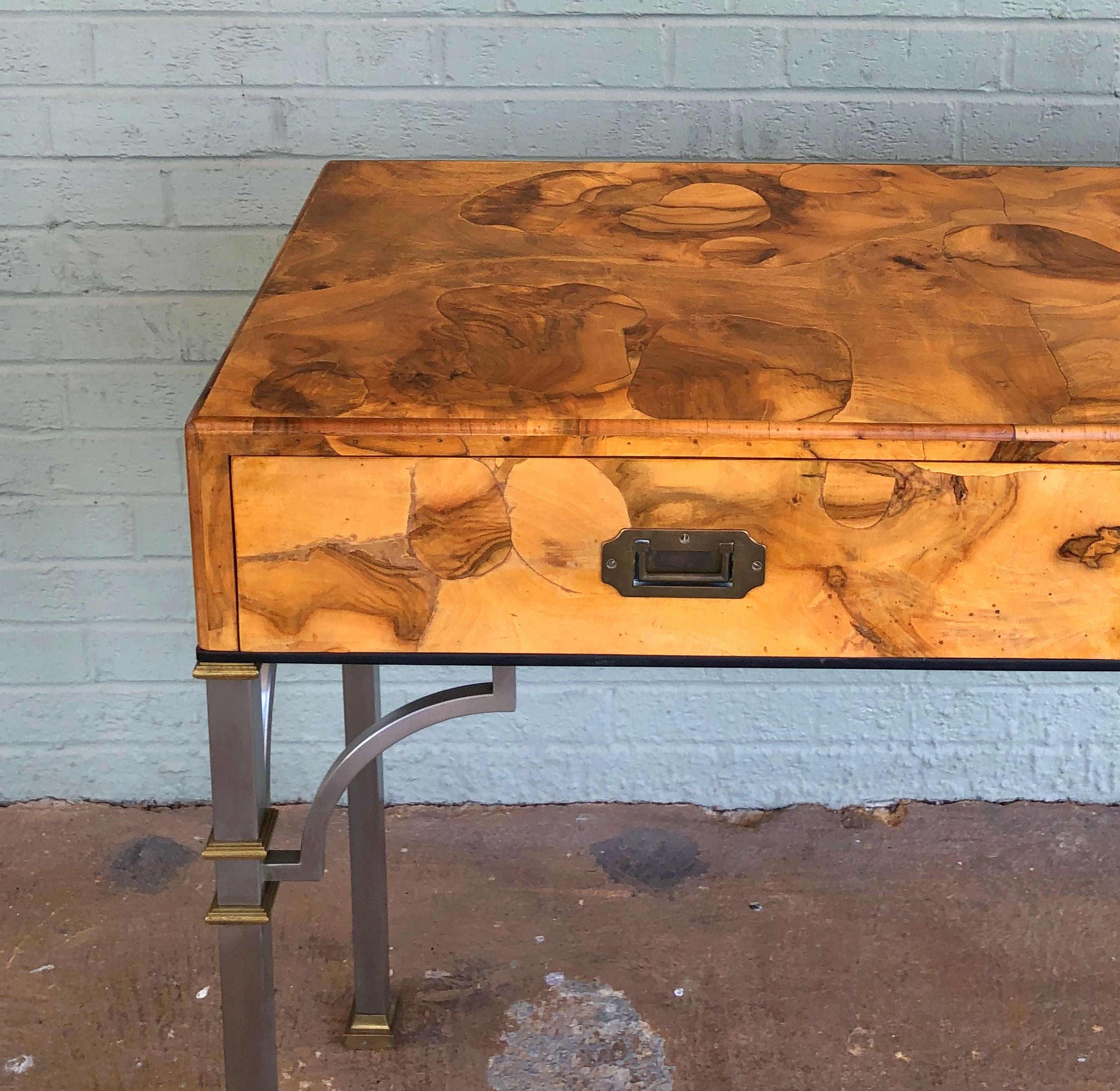 20th Century English Three-Drawer Console Table of Olive Wood on Metal Legs