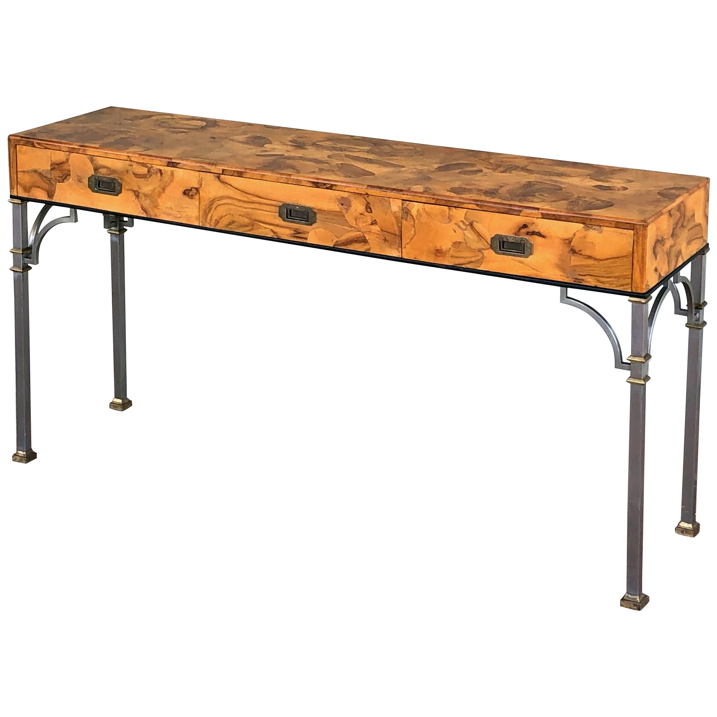 English Three-Drawer Console Table of Olive Wood on Metal Legs