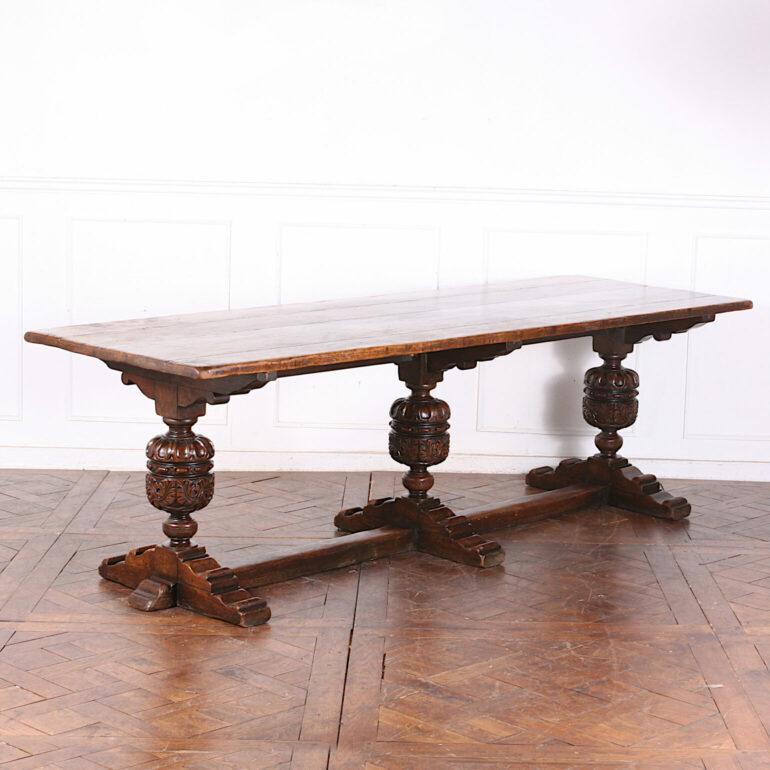 English Three Pedestal Heavily Carved Oak Trestle Table 7
