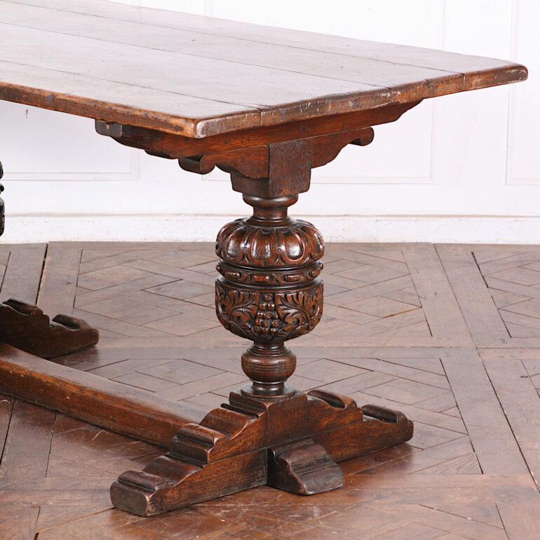 Hand-Carved English Three Pedestal Heavily Carved Oak Trestle Table