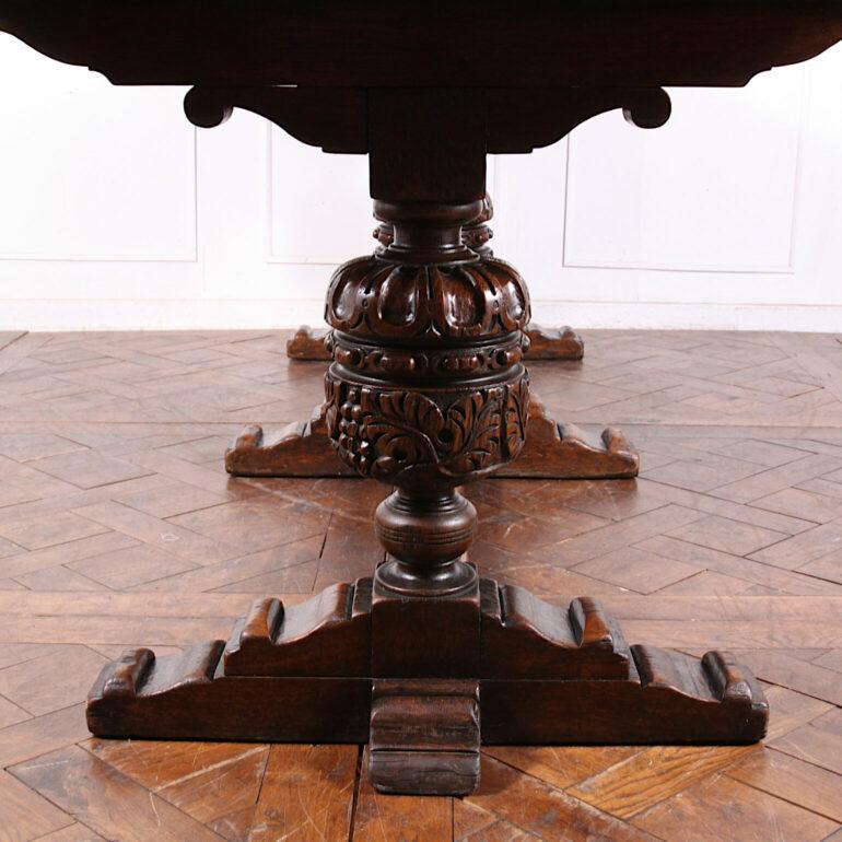 English Three Pedestal Heavily Carved Oak Trestle Table 1
