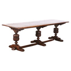 English Three Pedestal Heavily Carved Oak Trestle Table