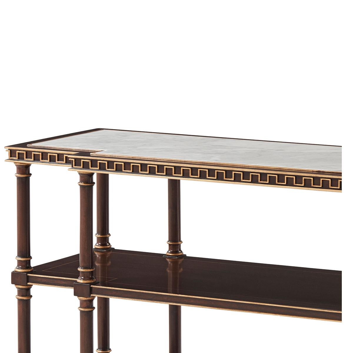 This exquisite table blends the luxurious charm of Bianco Carrara marble with the practicality of English furniture design. The top tier of this multi-level table showcases a stunning marble surface, edged with a decorative gilded frame that