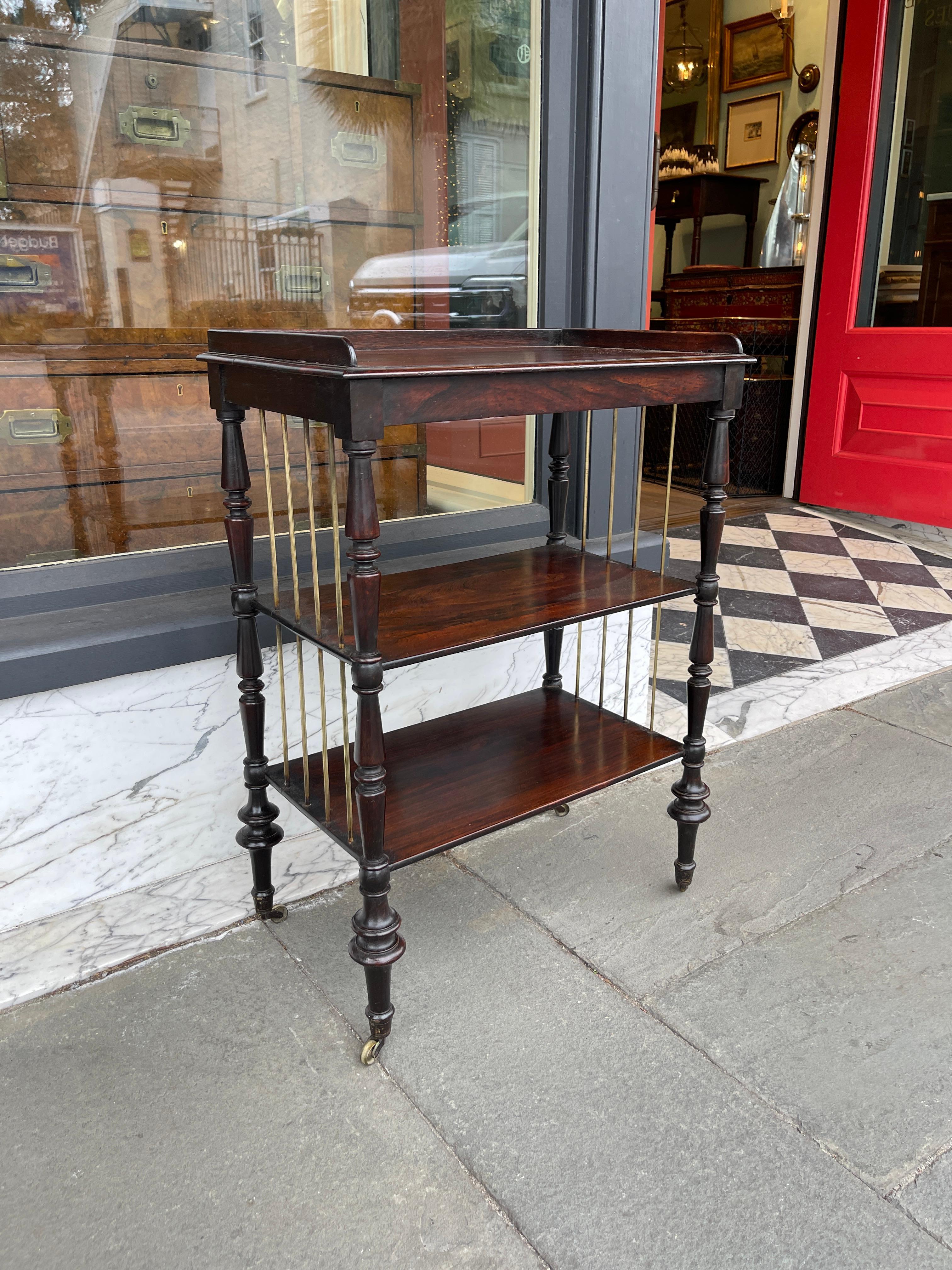 English three tier rosewood trolley with brass accents 19th century  In Good Condition For Sale In Charleston, SC
