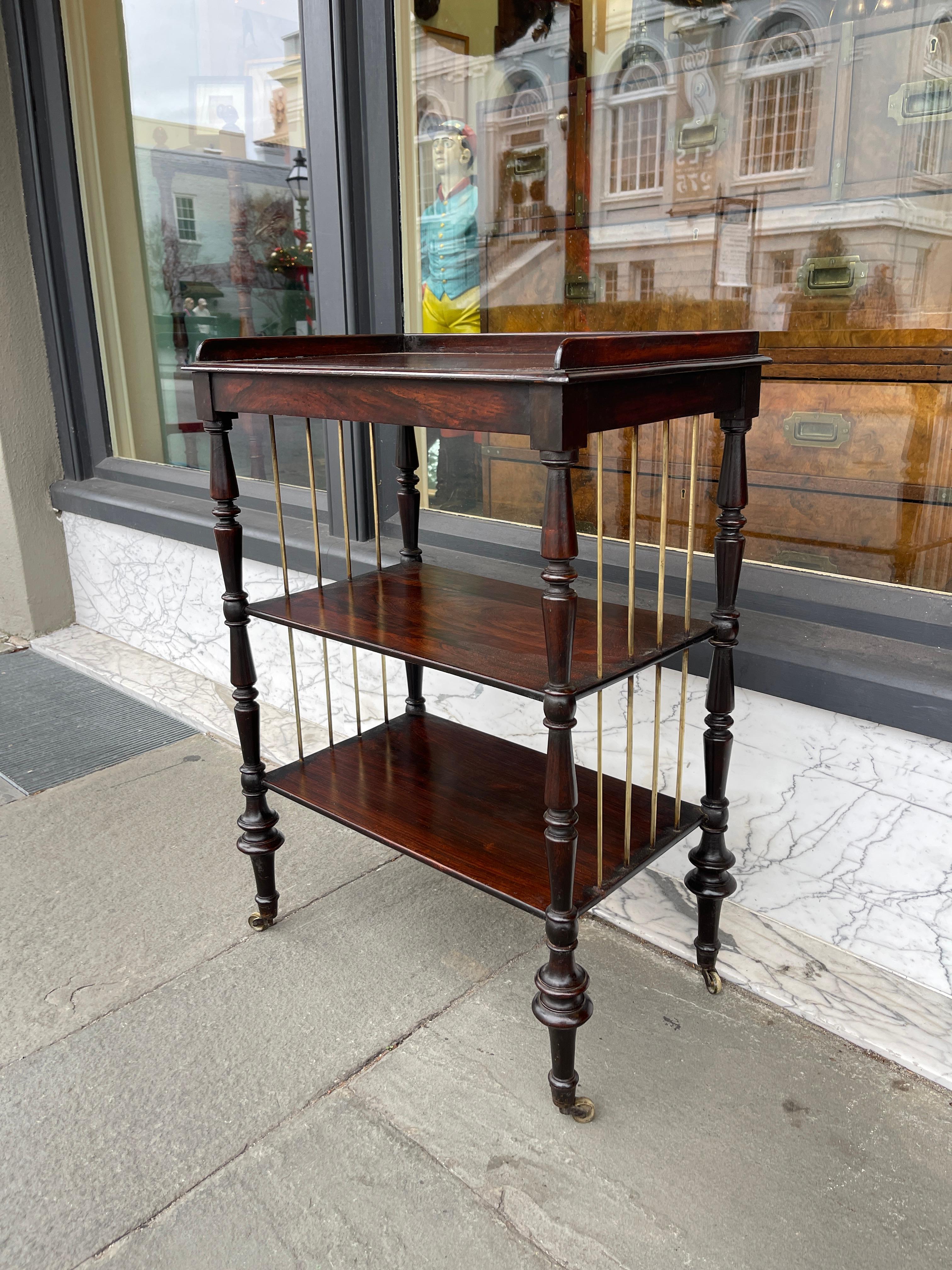 19th Century English three tier rosewood trolley with brass accents 19th century  For Sale