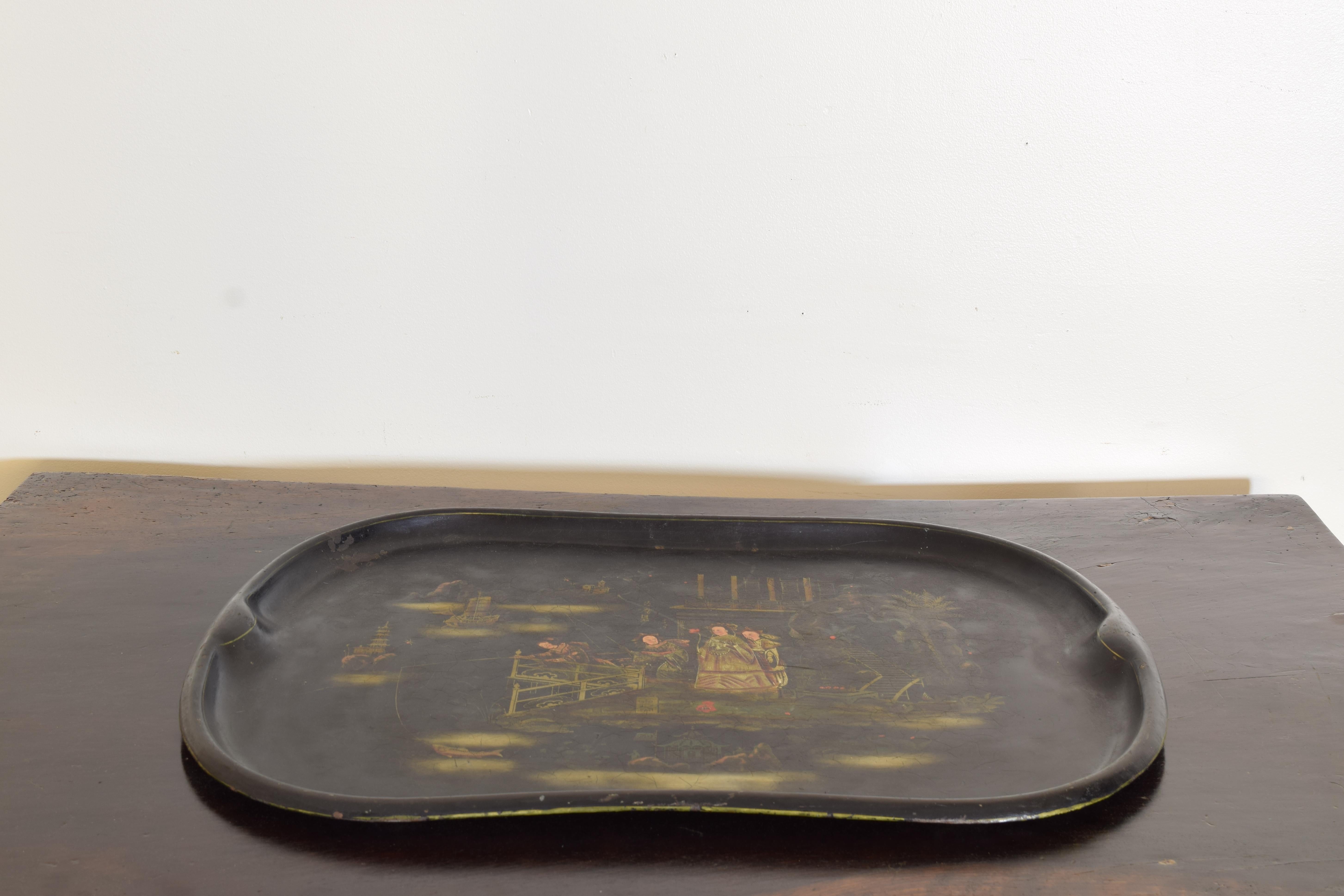 English Tole Chinoiserie Painted Tray, mid 19th century In Fair Condition For Sale In Atlanta, GA