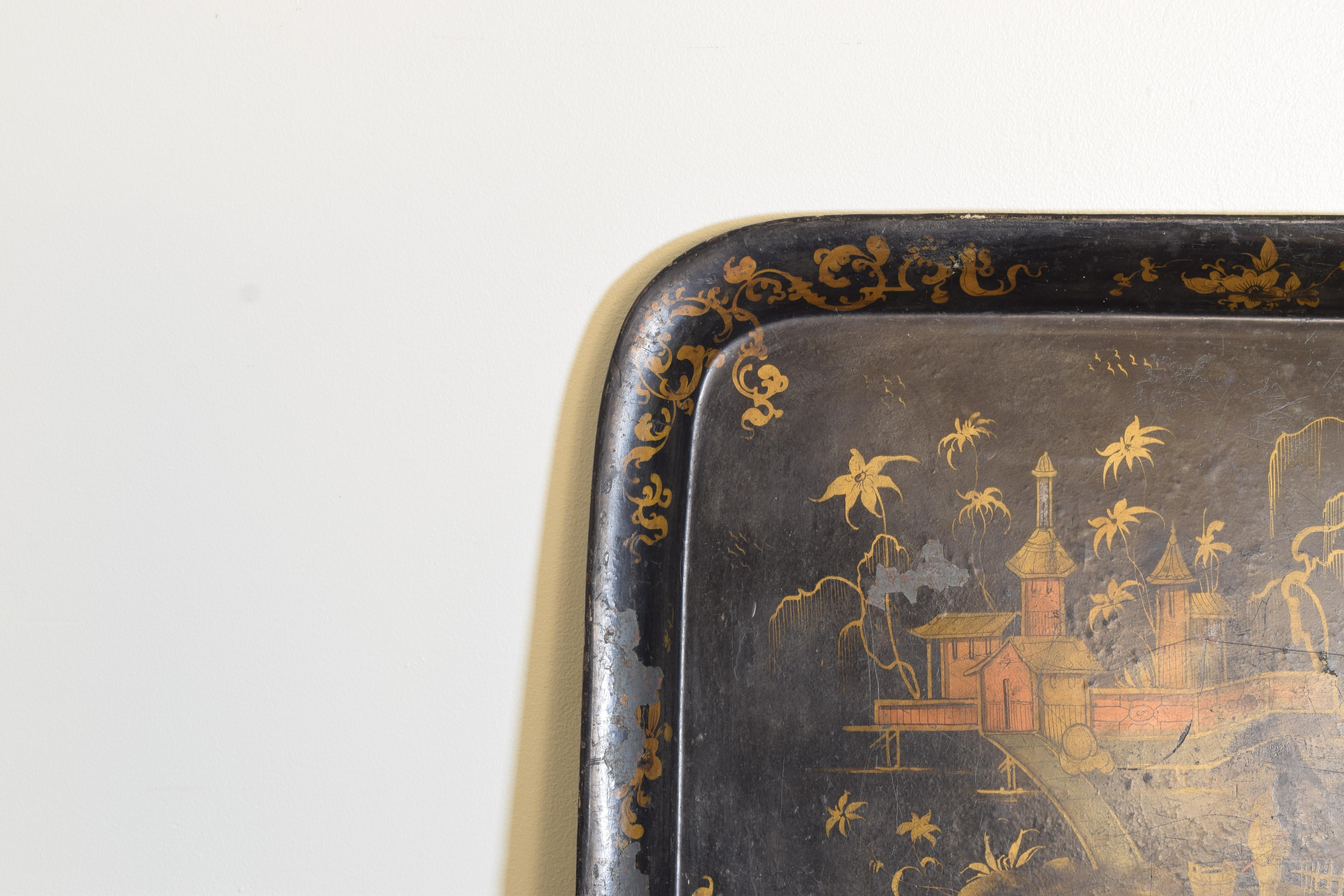 19th Century English Tole Chinoiserie Painted Tray, mid 19th century For Sale