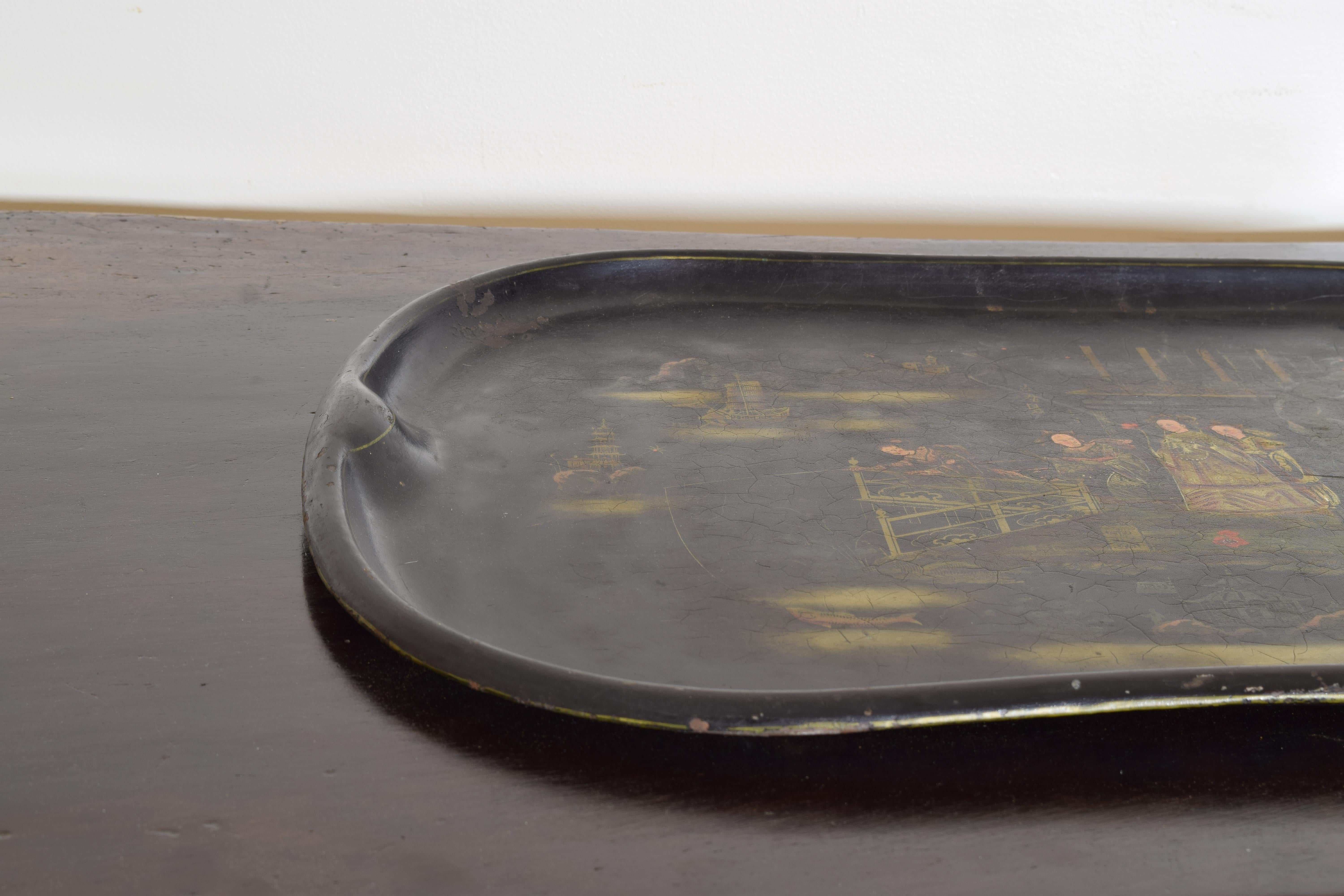 Tin English Tole Chinoiserie Painted Tray, mid 19th century For Sale