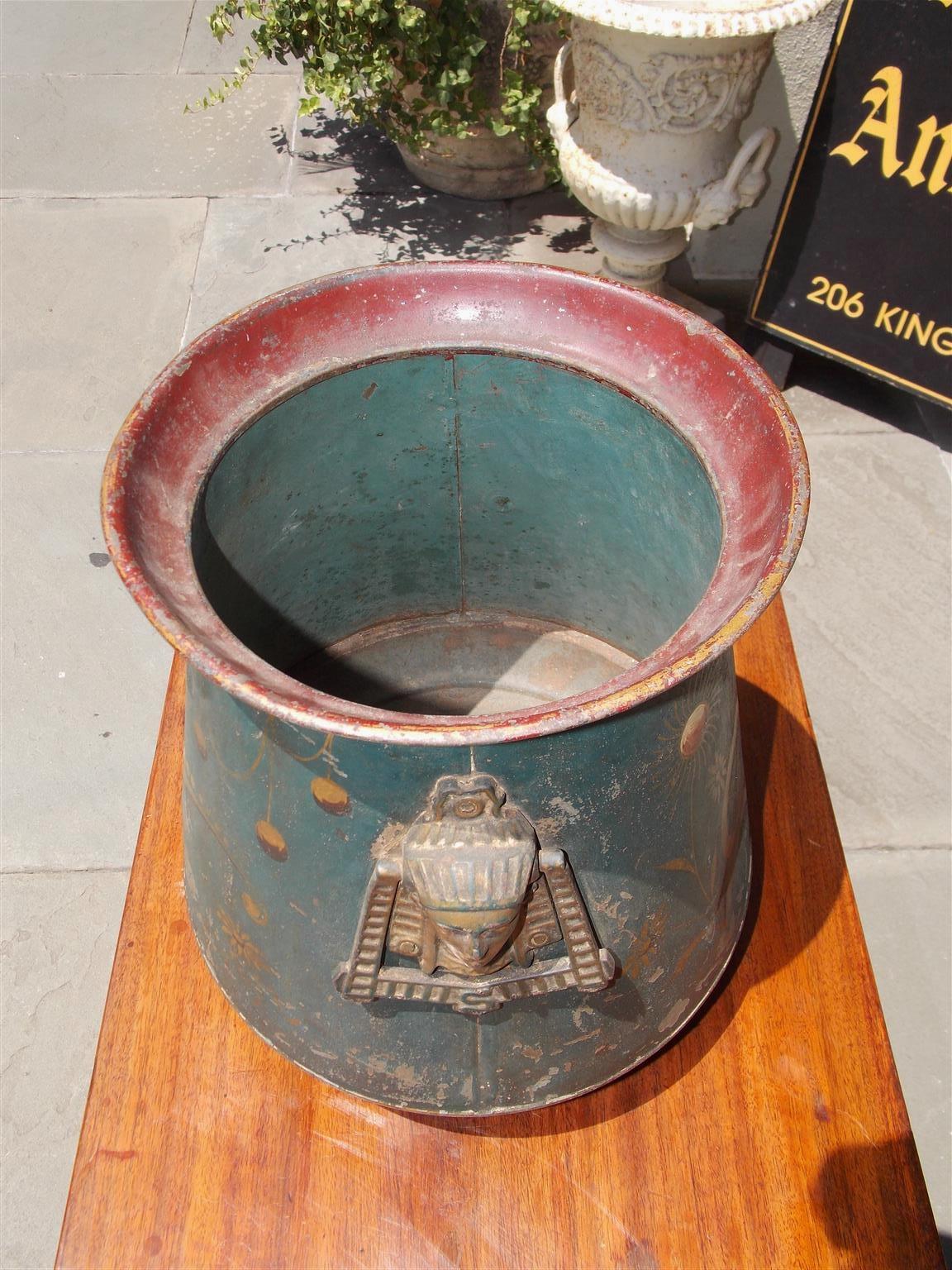 English Tole Floral & Butterfly Decorative Bucket with Egyptian Handles, C. 1850 In Good Condition For Sale In Hollywood, SC