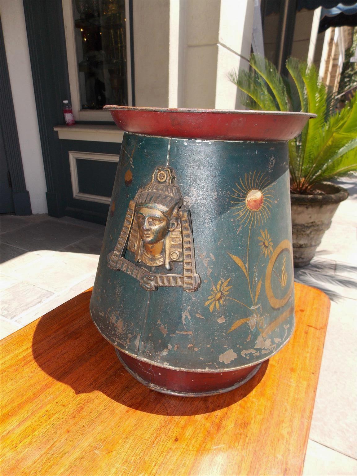 English Tole Floral & Butterfly Decorative Bucket with Egyptian Handles, C. 1850 For Sale 1