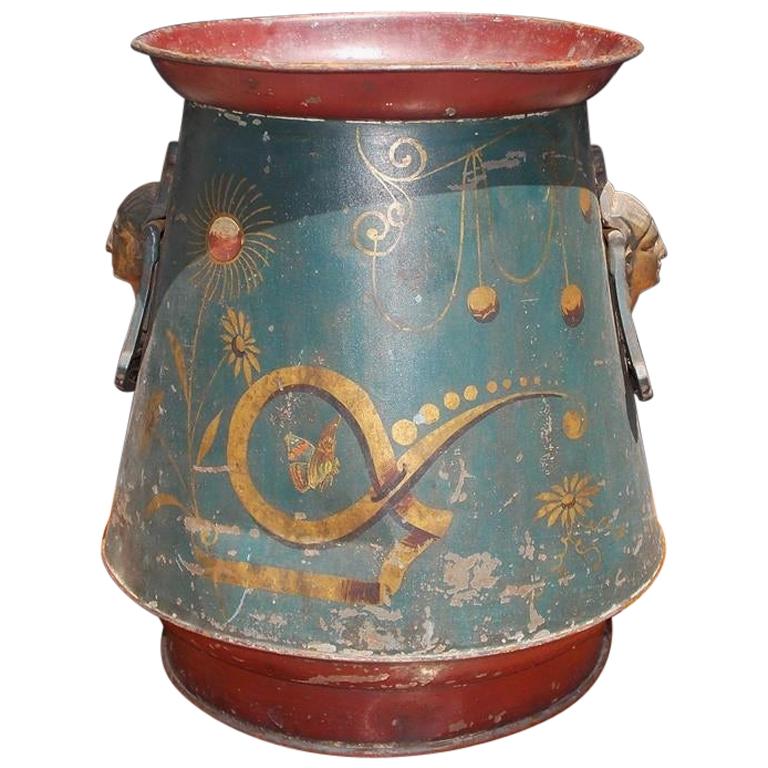 English Tole Floral & Butterfly Decorative Bucket with Egyptian Handles, C. 1850 For Sale