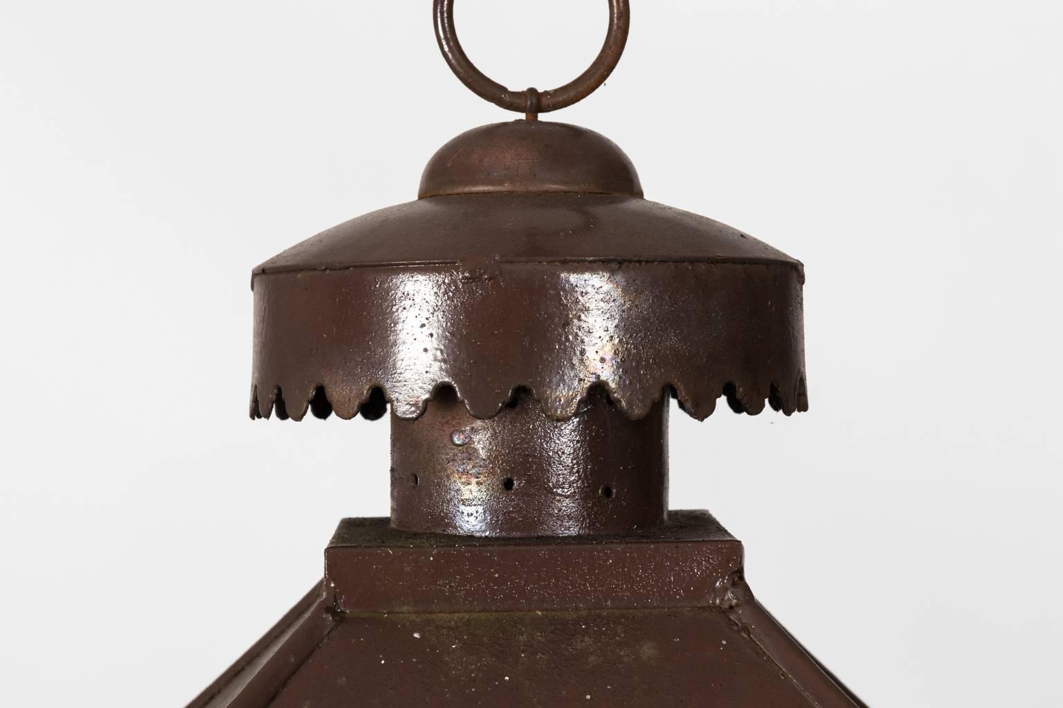 English tole lantern in a weathered finish, circa 20th century. Note that there is no electrical wiring.
 