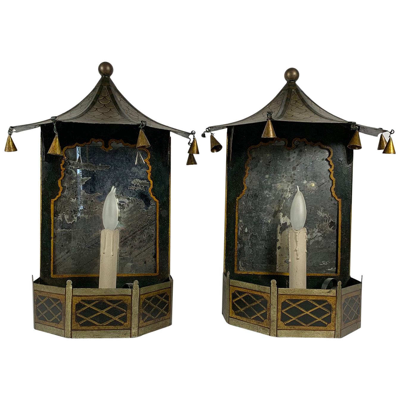 English Tole Painted Chinoiserie Pagoda Form Mirrored Sconces
