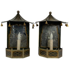 Antique English Tole Painted Chinoiserie Pagoda Form Mirrored Sconces