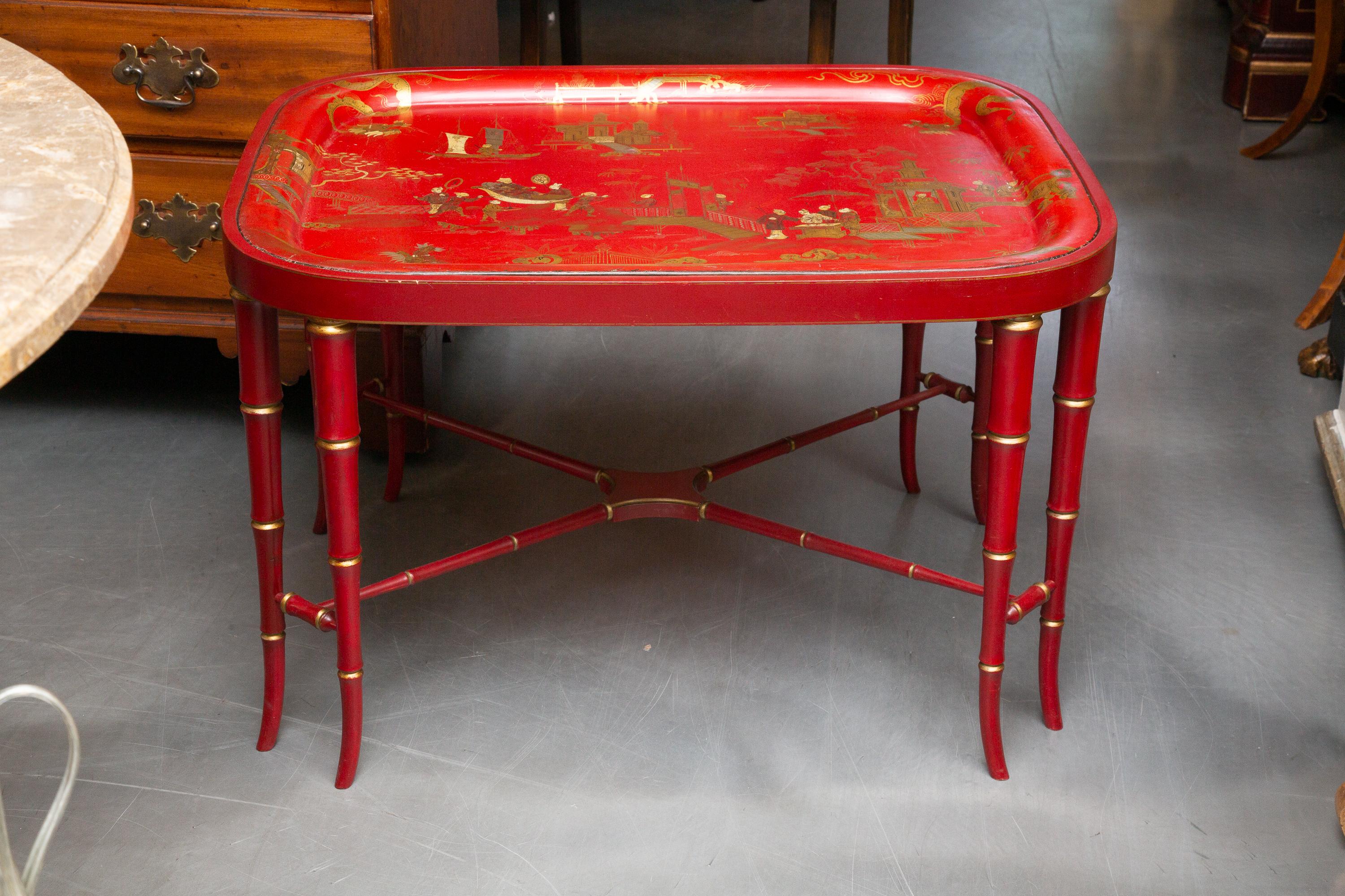 English Tole Red Serving Tray on a Later Stand For Sale 3