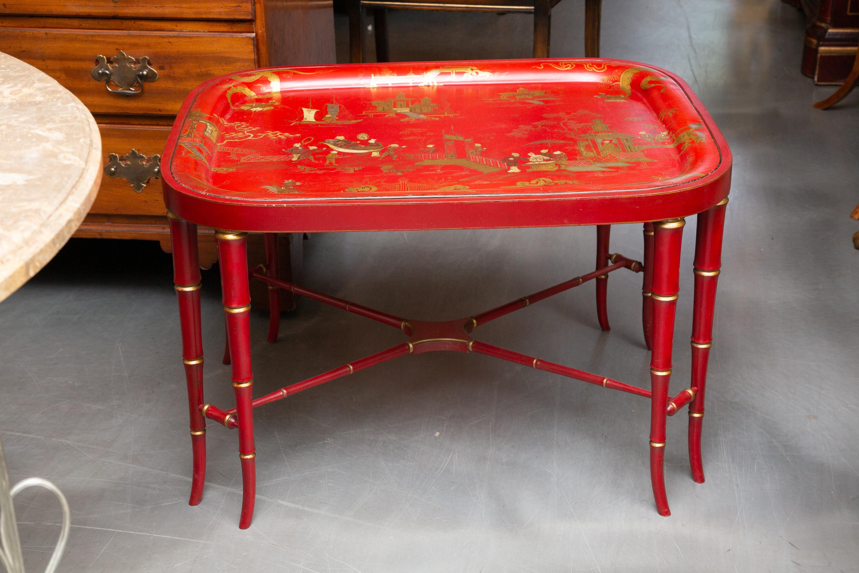 English Tole Red Serving Tray on a Later Stand For Sale 4