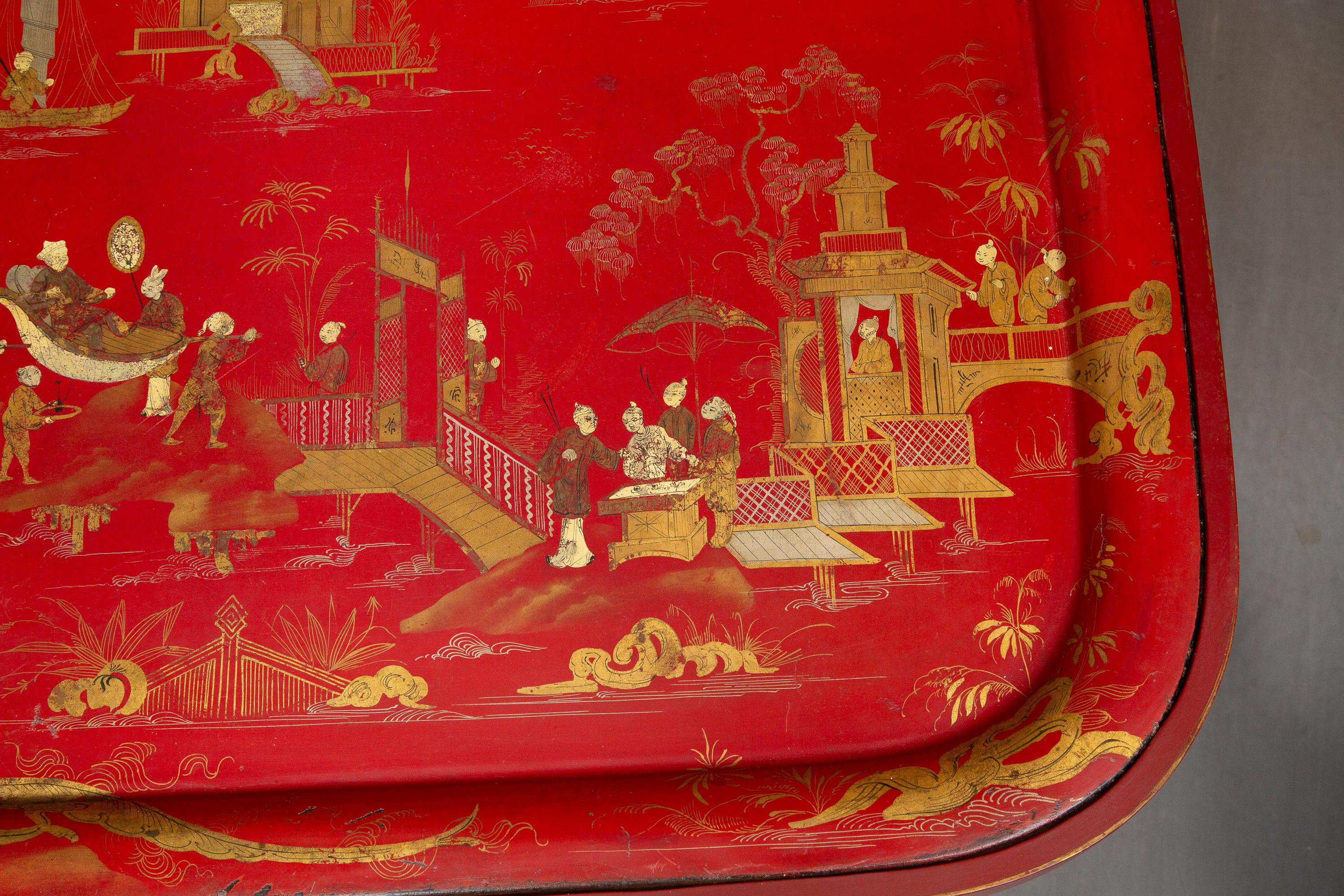 19th Century English Tole Red Serving Tray on a Later Stand For Sale