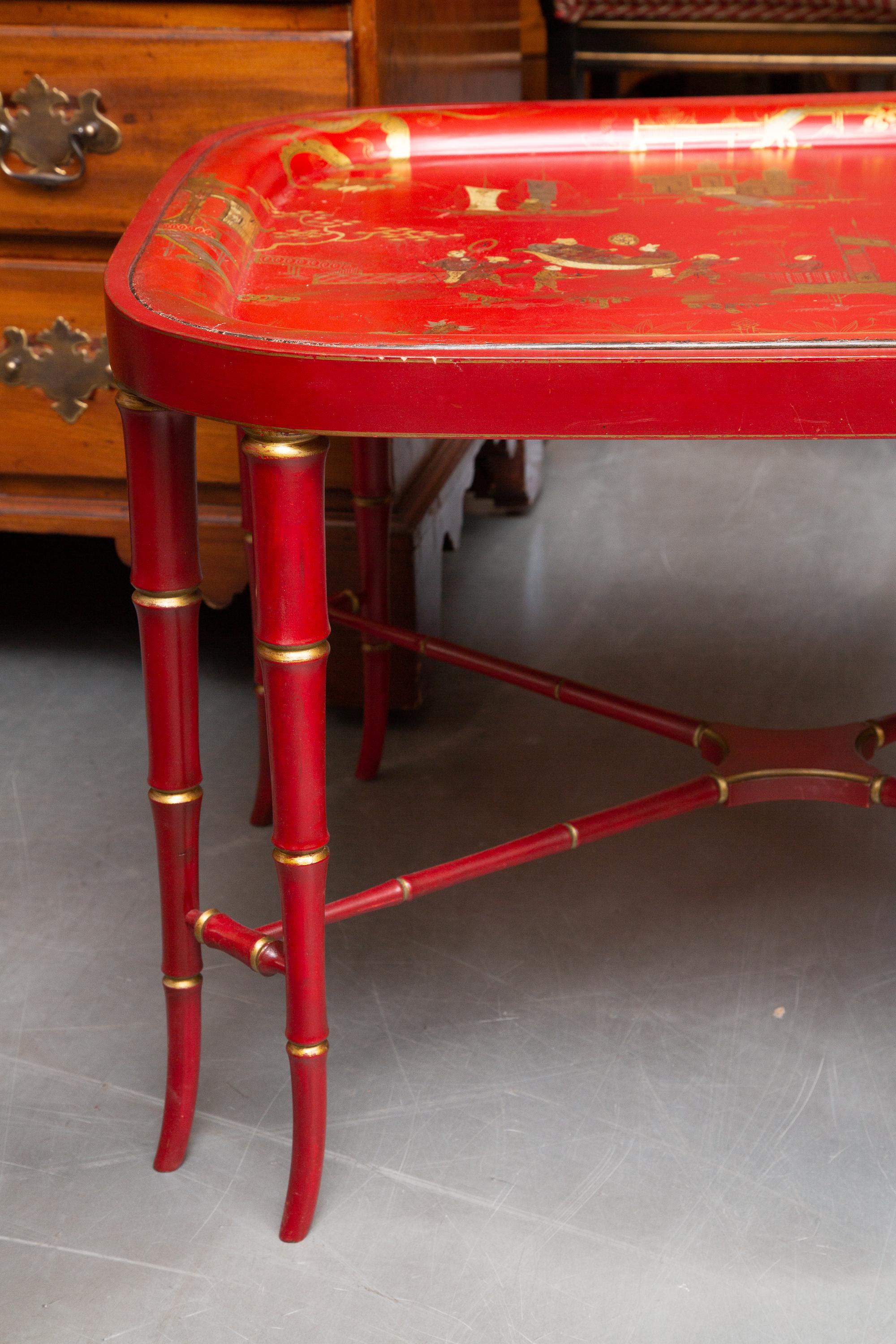 Metal English Tole Red Serving Tray on a Later Stand For Sale