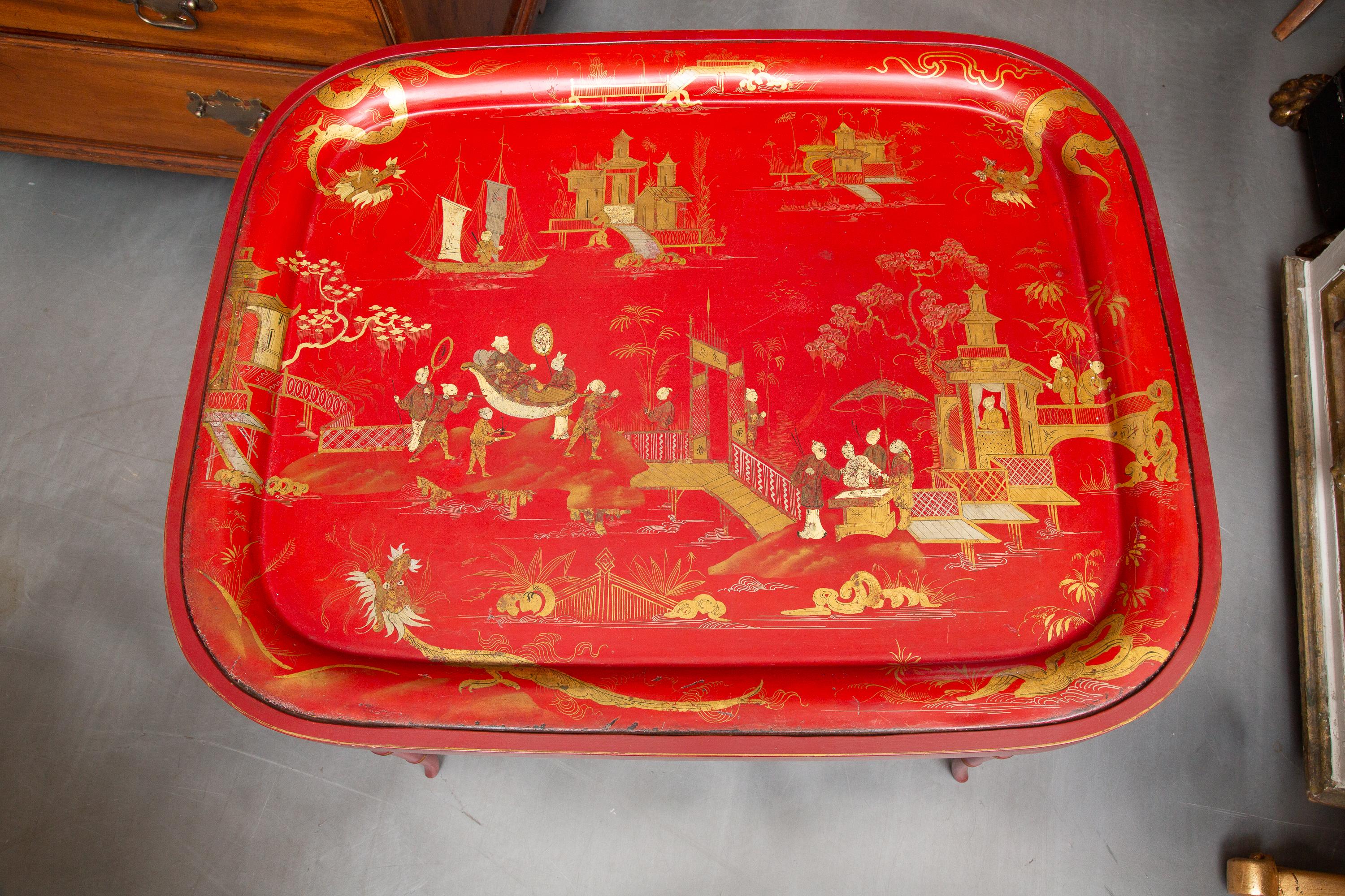 English Tole Red Serving Tray on a Later Stand For Sale 1