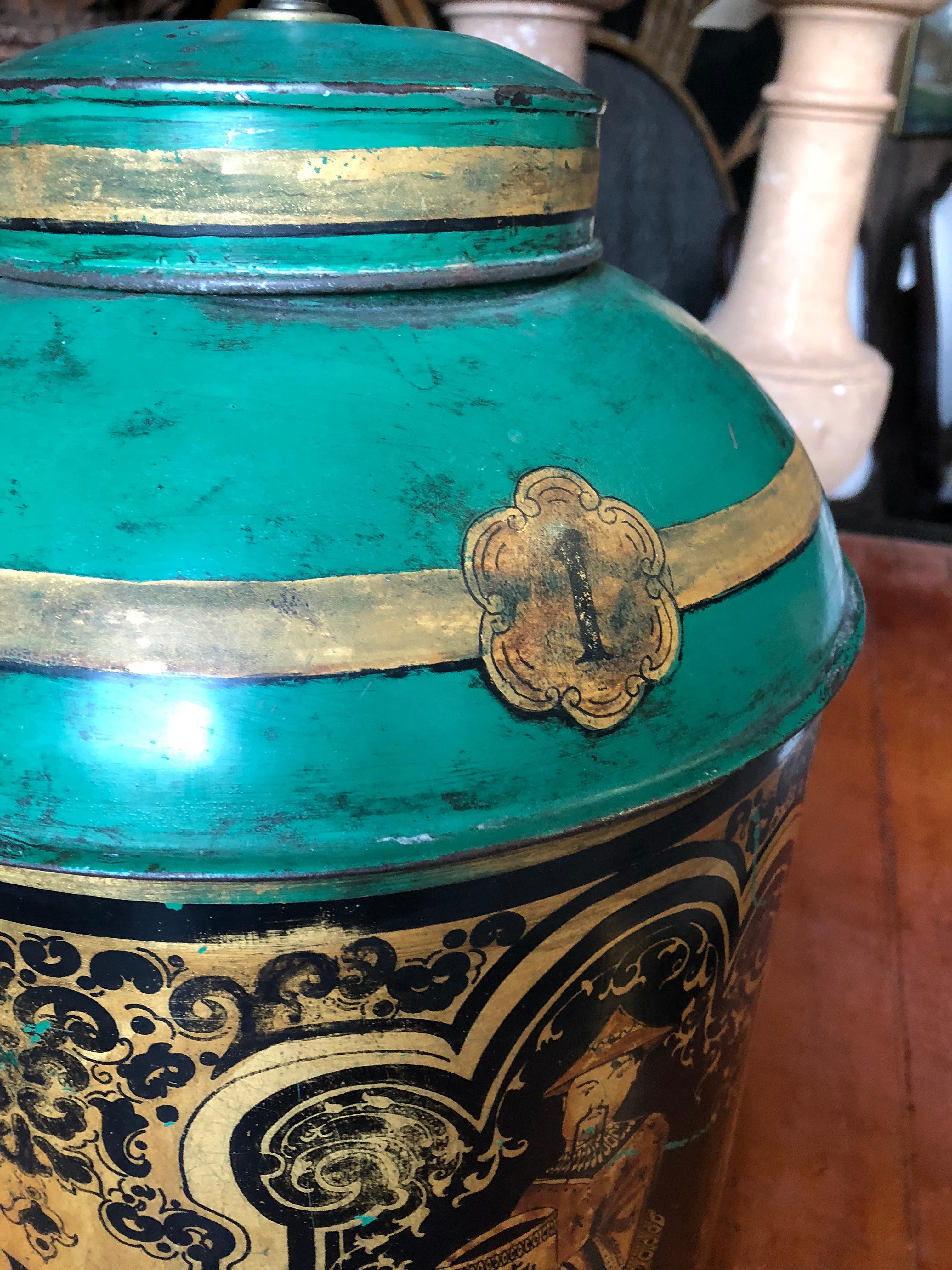 Hand-Painted English Tole Tea Can Lamp, 19th Century