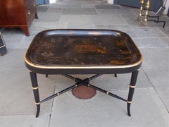 English Tole Tray on Stand with Figural & Pagoda Scenes on Faux Bamboo Legs 1820