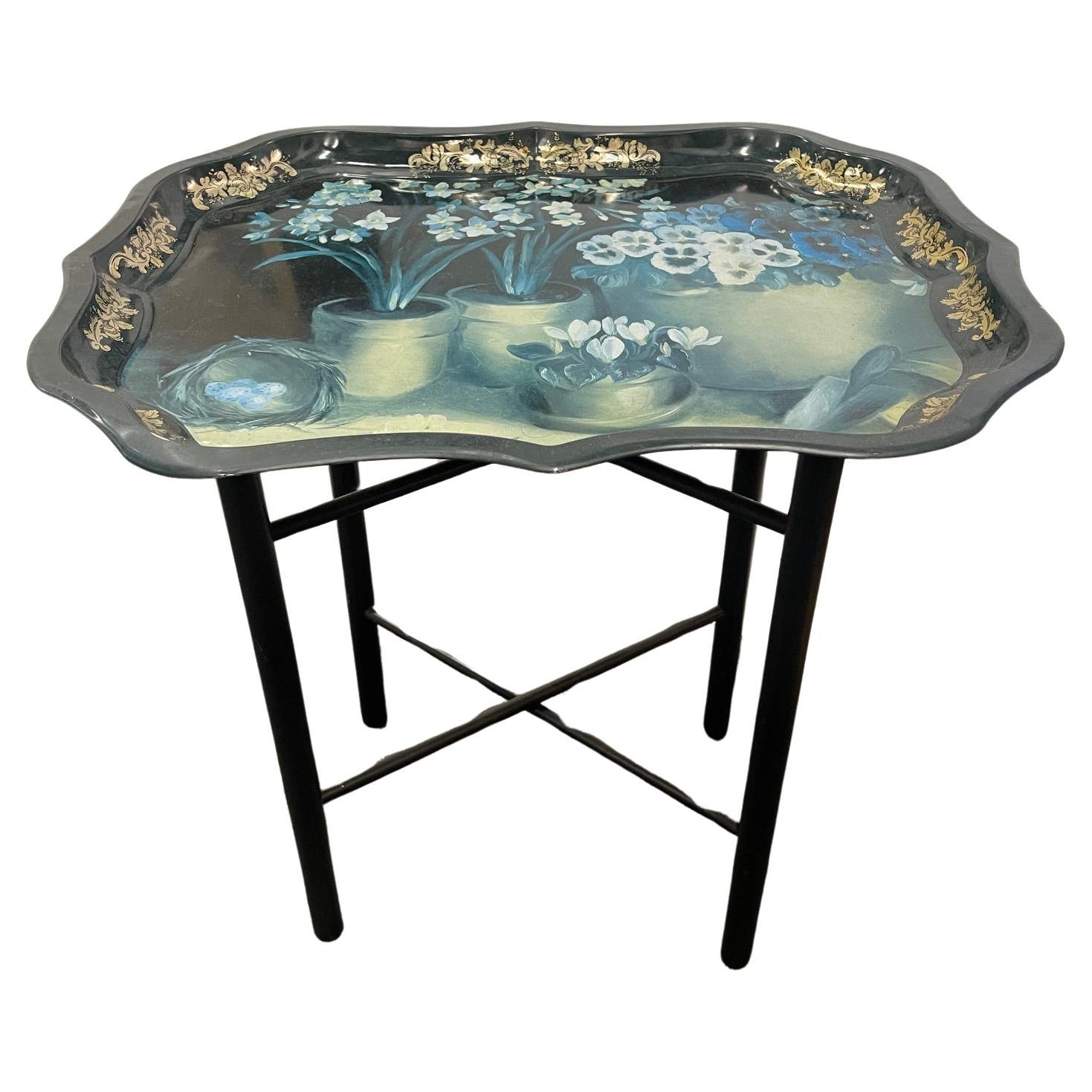 English Tole Tray Table with Floral Design, 20th Century