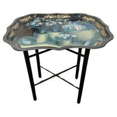 Vintage English Tole Tray Table with Floral Design, 20th Century