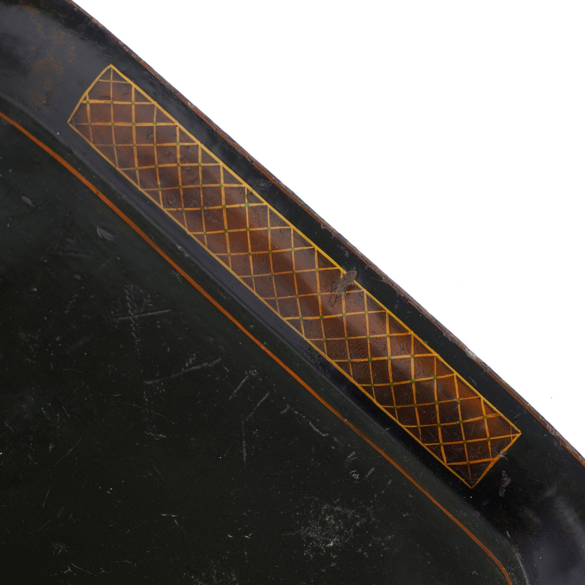 British English tole tray with diapered panels on the rolled rim, c. 1840 For Sale