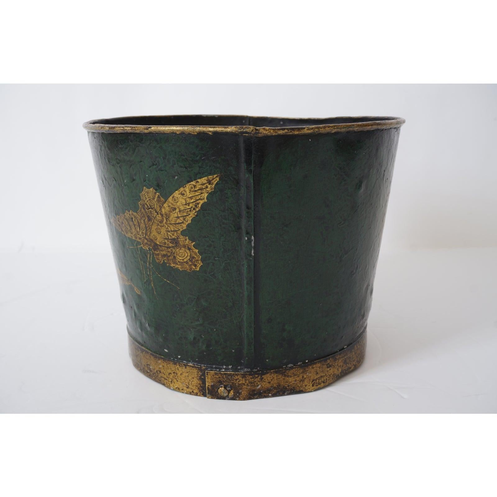 English Toleware Bucket with Butterfles In Good Condition In West Palm Beach, FL