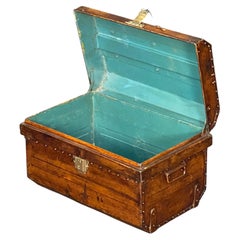 English Toleware Tin Trunk with Faux Wood Finish and Brass Accents