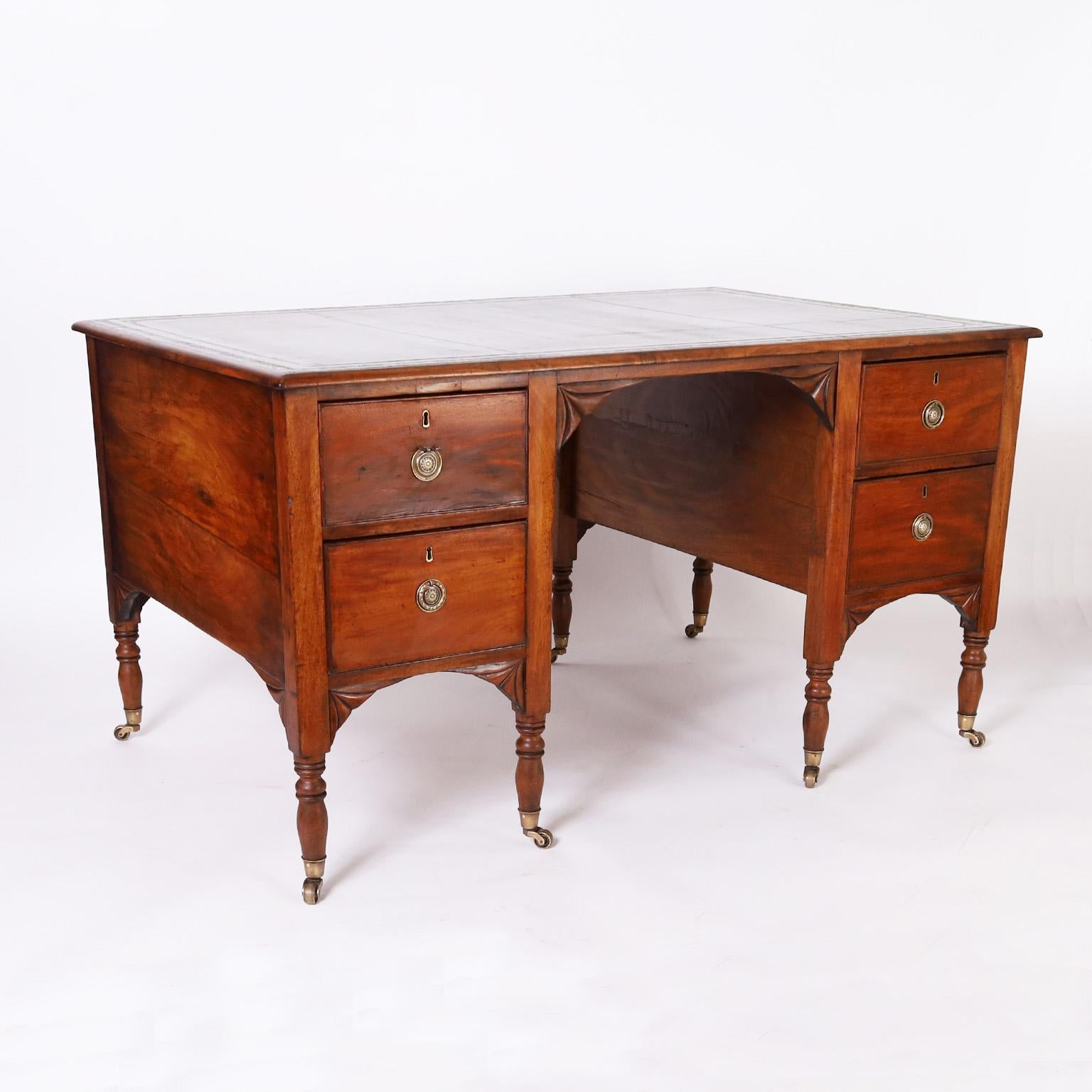 Hand-Crafted English Tooled Green Leather Top Partners Desk For Sale