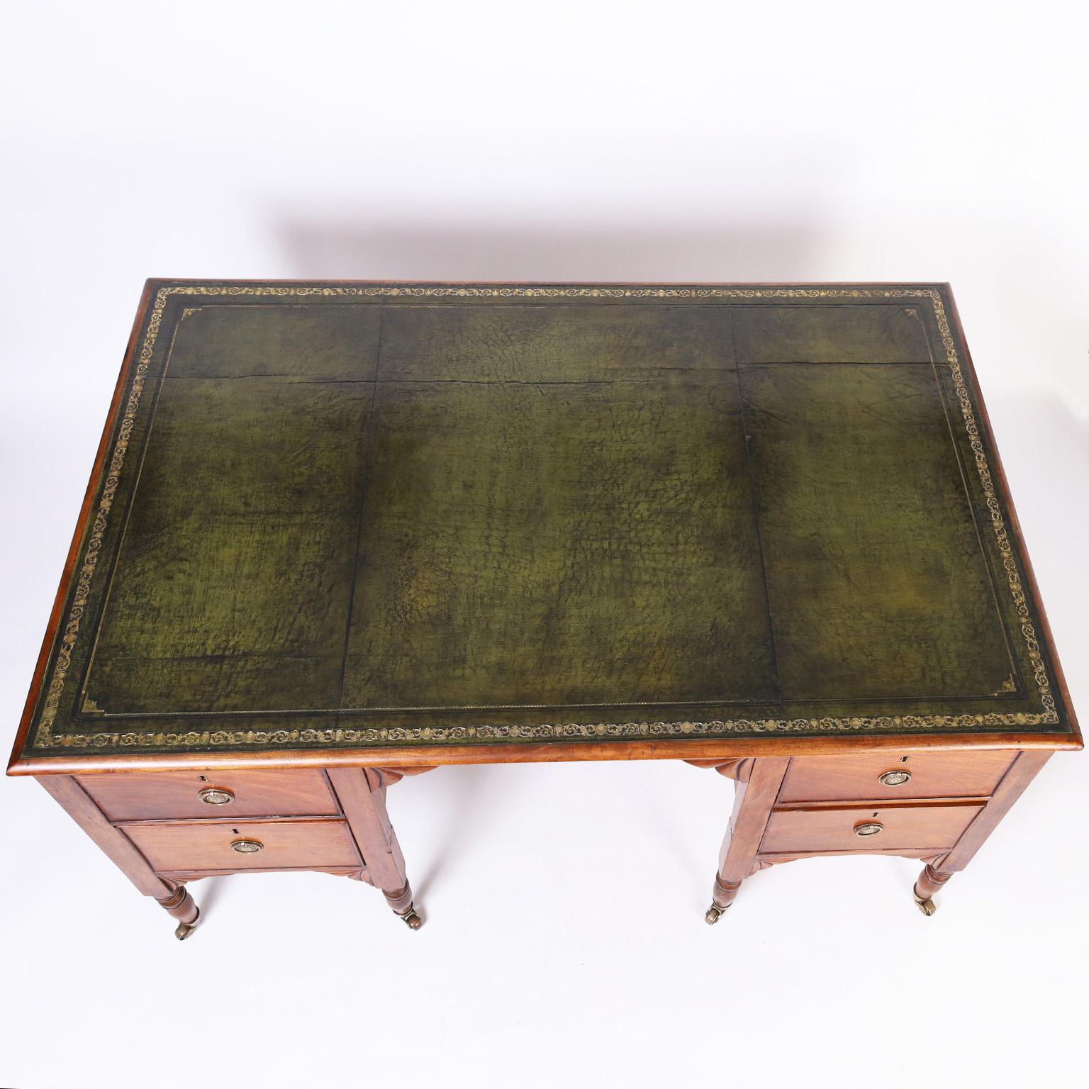 English Tooled Green Leather Top Partners Desk In Good Condition For Sale In Palm Beach, FL