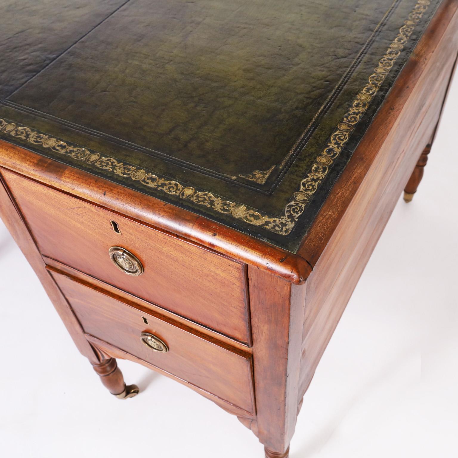 19th Century English Tooled Green Leather Top Partners Desk For Sale