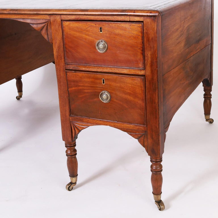 English Tooled Green Leather Top Partners Desk For Sale at 1stDibs