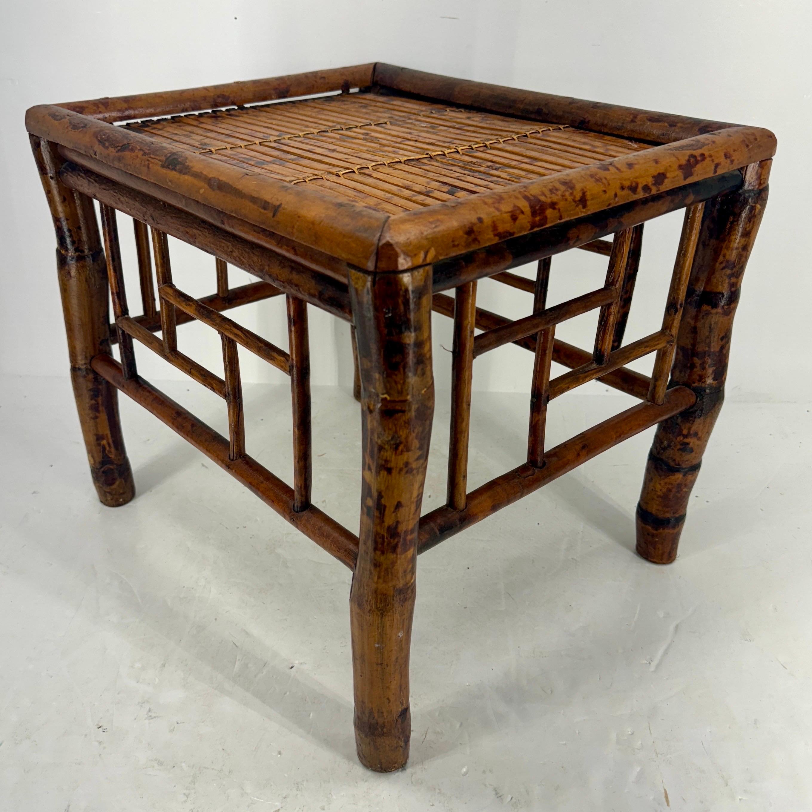 British Colonial English Tortoise Burnt Bamboo Stool or Low Side Table, circa 1960’s For Sale