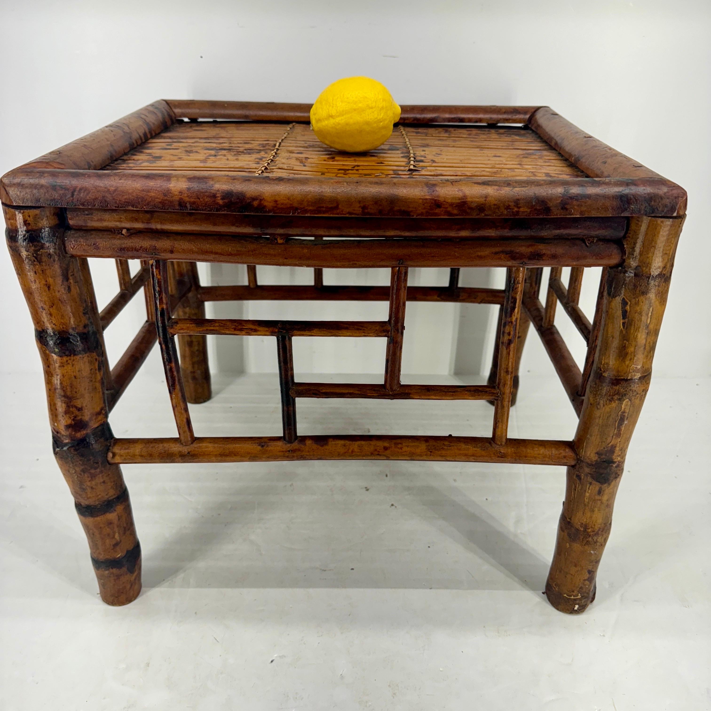 Hand-Crafted English Tortoise Burnt Bamboo Stool or Low Side Table, circa 1960’s For Sale