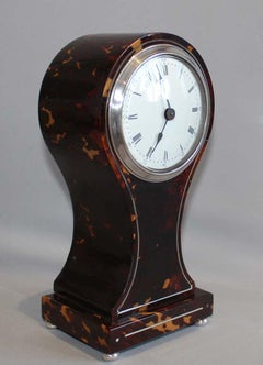 English Tortoiseshell and Silver Strung Balloon Shaped Mantel Clock