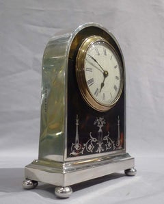English Tortoiseshell, Silver Pique and Leather Mantel Clock