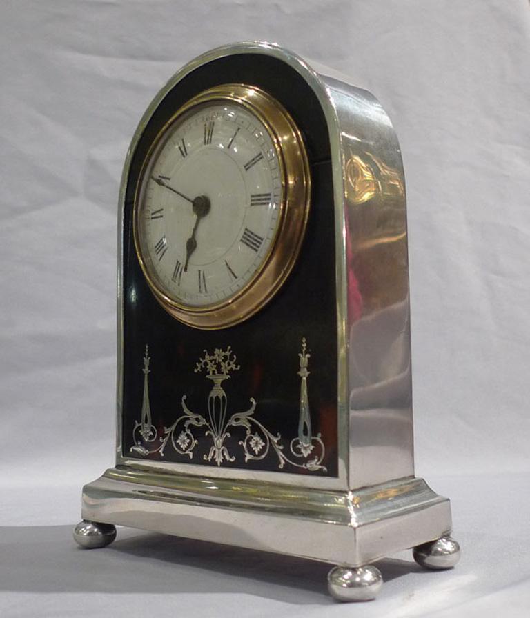 English Tortoiseshell, Silver Pique and Leather Mantel Clock In Good Condition For Sale In London, GB