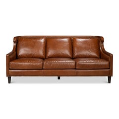 English Track-Arm Sofa, Rich Brown Leather, 84 Inch