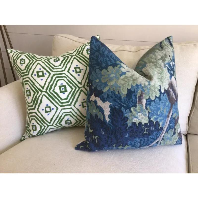 A simply stunning handmade pair of new pillows! These are crafted from Richmond, which is a heavy weight basket weave from Cowtan and Tout that mimics needlepoint tapestry in its design. The fabric features swirling shades of deep green, tan, brown